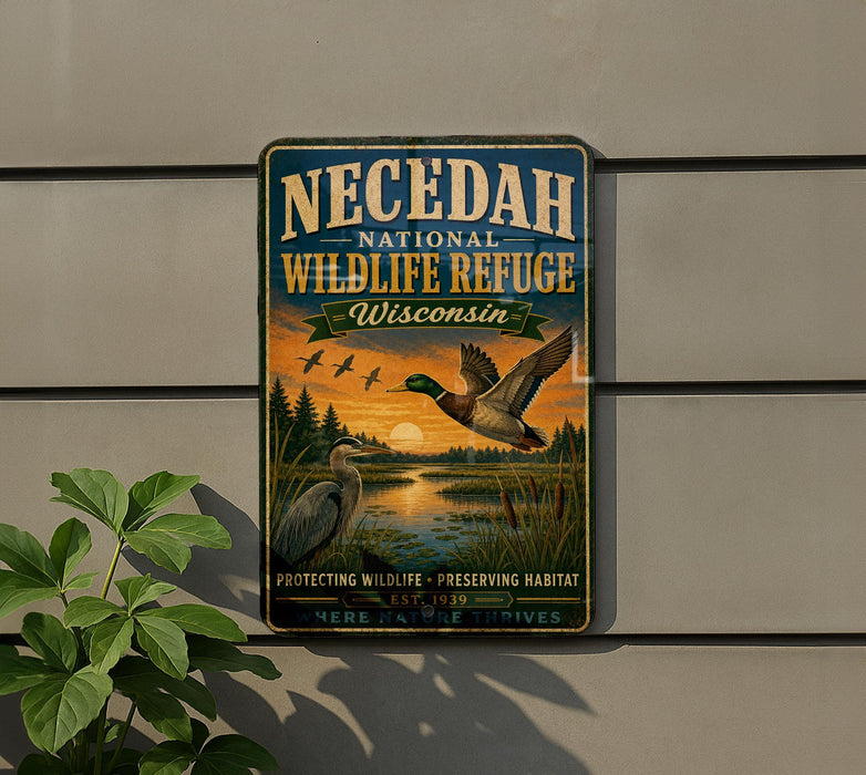 A vintage-style metal sign for the Necedah National Wildlife Refuge in Wisconsin, featuring an illustration of ducks and a sunset over a lake.