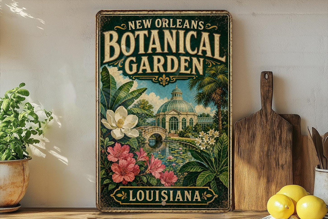 A vintage-style metal sign for the New Orleans Botanical Garden, featuring a tropical garden scene with palm trees, flowers, and a greenhouse.