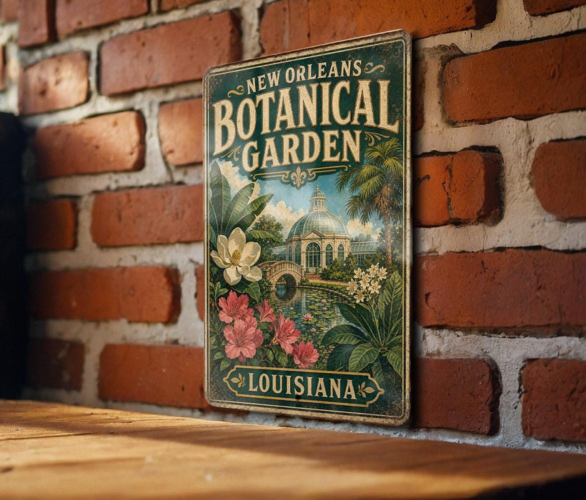 A vintage-style metal sign for the New Orleans Botanical Garden, featuring a lush tropical garden scene with flowers and palm trees.