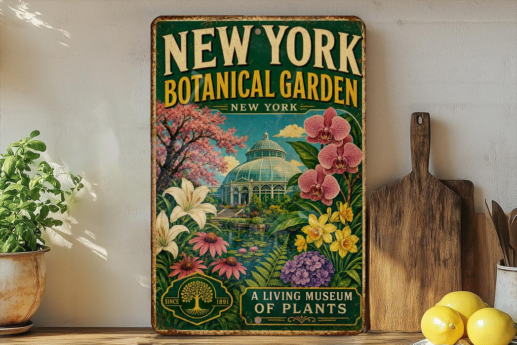 A vintage-style metal sign for the New York Botanical Garden, featuring a colorful illustration of a greenhouse surrounded by flowers and plants.