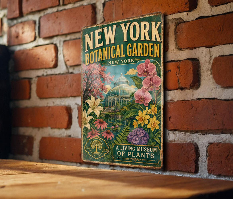A vintage-style metal sign for the New York Botanical Garden, featuring a colorful illustration of various plants and flowers.