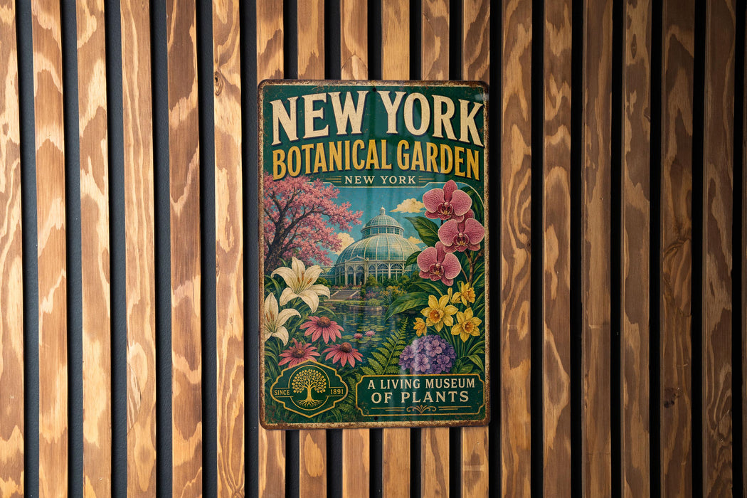 A vintage-style metal sign for the New York Botanical Garden, featuring a colorful illustration of various plants and flowers.