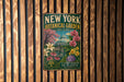 A vintage-style metal sign for the New York Botanical Garden, featuring a colorful illustration of various plants and flowers.