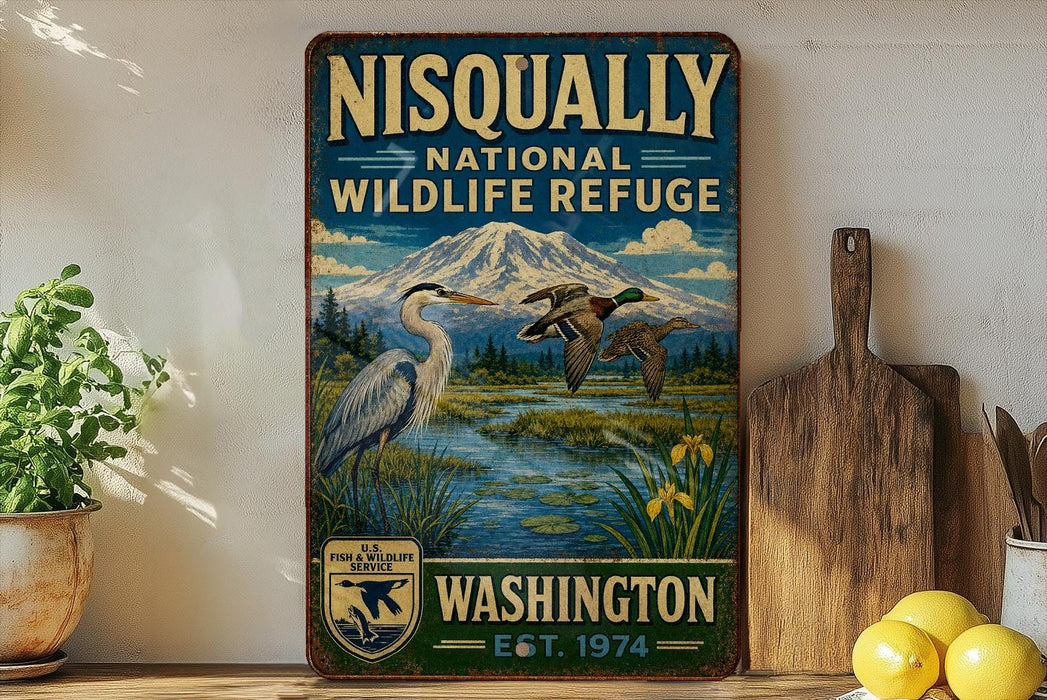 a vintage-style metal sign with a bird illustration, placed on a wooden surface next to a potted plant and a cutting board.