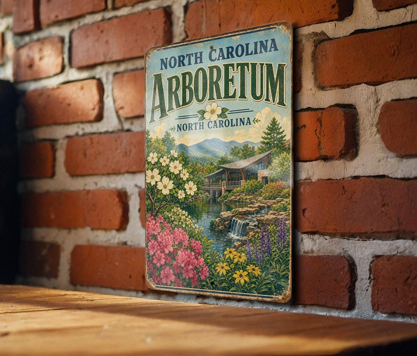 A vintage metal sign with the text "NORTH CAROLINA ARBORETUM" and a scenic illustration of a garden with a waterfall and flowers, mounted on a brick wall.