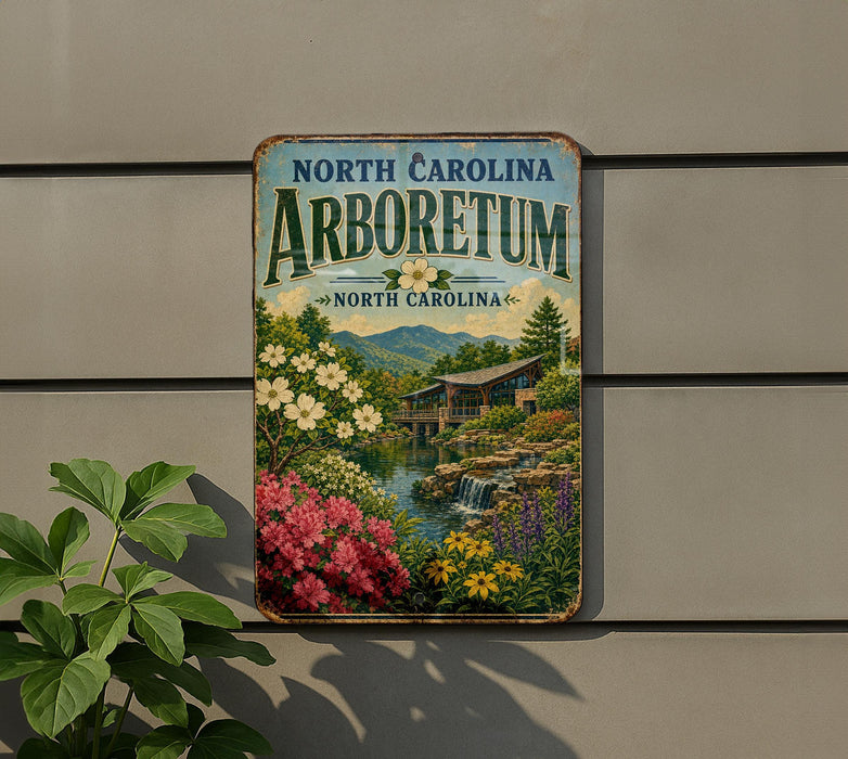 A vintage-style sign for the North Carolina Arboretum, featuring a scenic landscape with a waterfall, flowers, and a house.