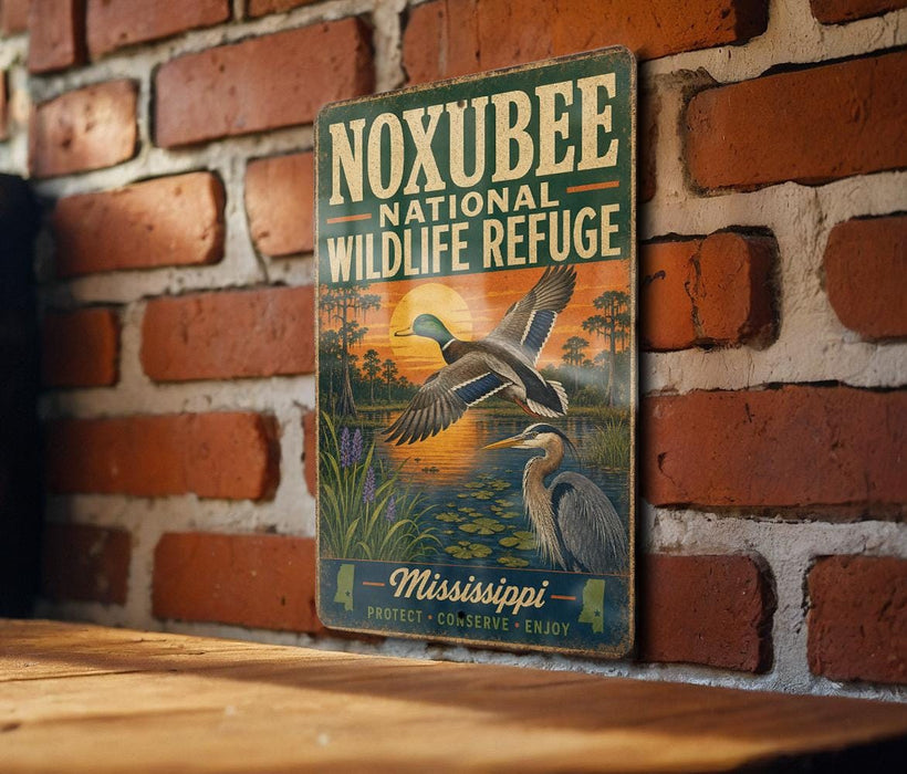 A vintage-style sign for the Noxubee National Wildlife Refuge in Mississippi, featuring an illustration of ducks and other wildlife in a natural setting.