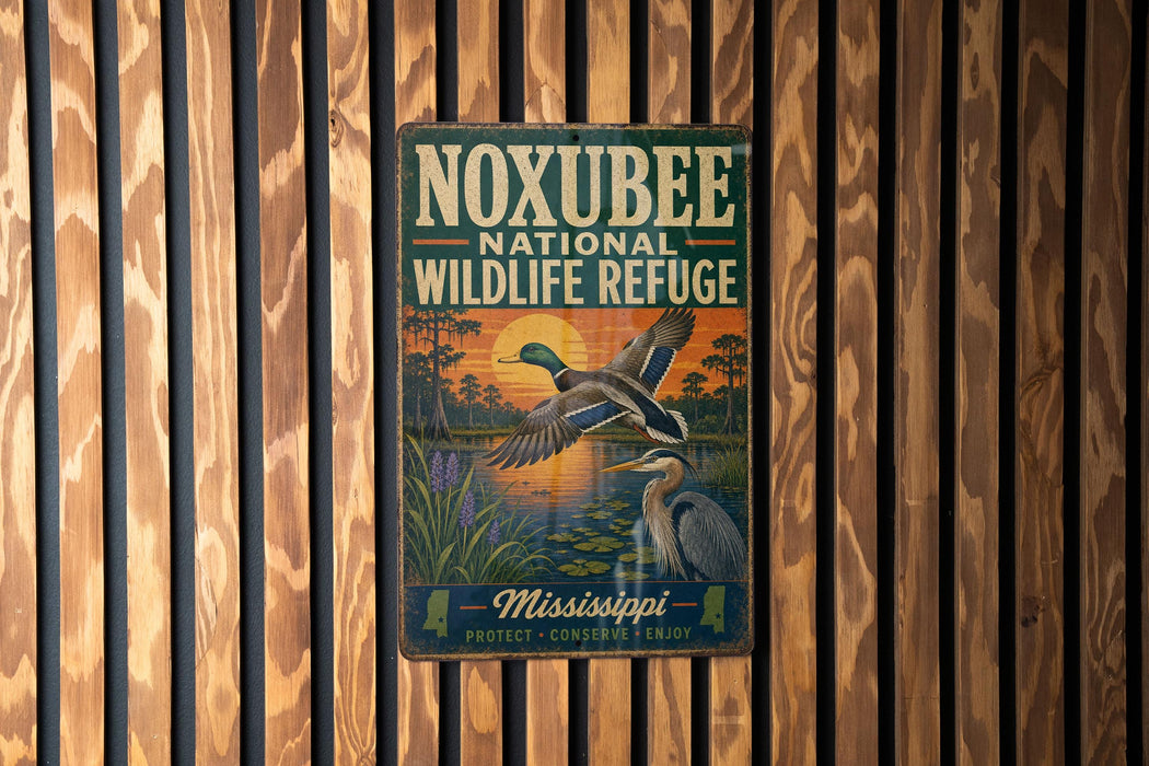 A vintage metal sign for the Noxubee National Wildlife Refuge in Mississippi, featuring an illustration of a bird in flight over a pond with a sunset in the background.