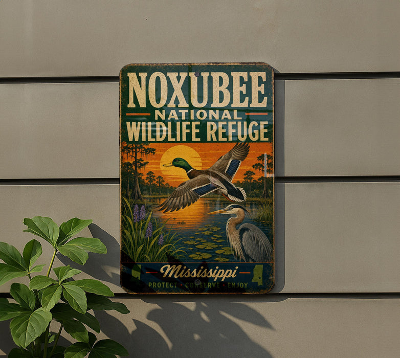 A vintage-style sign for the Noxubee National Wildlife Refuge, featuring a bird in flight and a bird standing on the ground, set against a backdrop of a sunset and a pond.