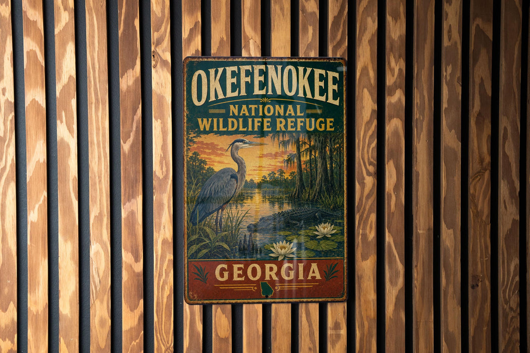A vintage-style metal sign for the Okefenokee National Wildlife Refuge in Georgia, featuring a large blue heron and a sunset landscape.