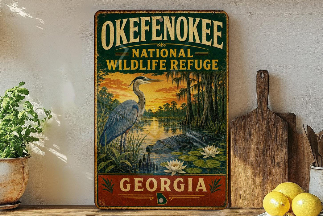 a vintage-style sign for the Okefenokee National Wildlife Refuge in Georgia, with a painting of a heron and a sunset landscape.