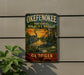 A vintage-style sign for the Okefenokee National Wildlife Refuge in Georgia, featuring a large blue heron and a tropical landscape.