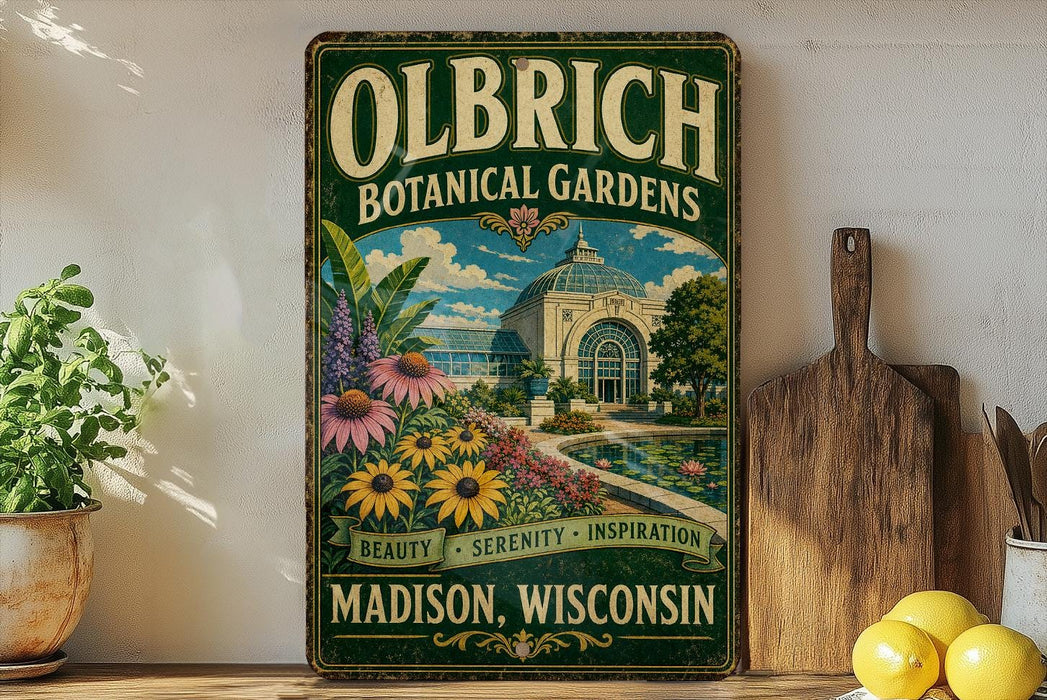 a vintage-style sign for Olbrich Botanical Gardens in Madison, Wisconsin, with a garden scene and a building in the background.