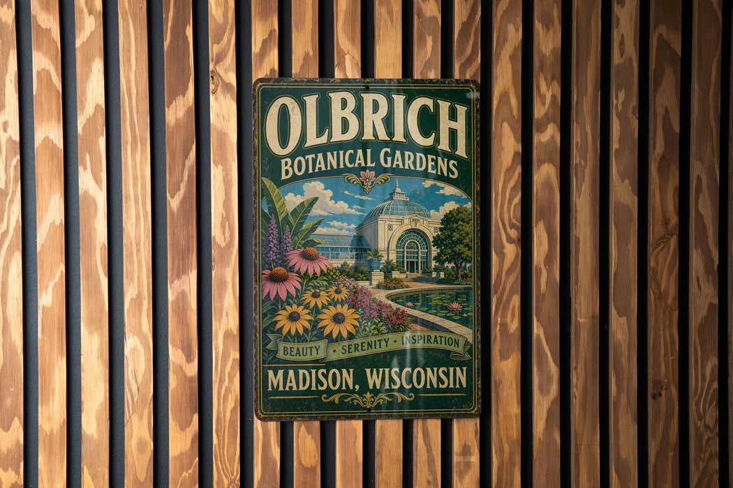 A vintage-style metal sign for Olbrich Botanical Gardens in Madison, Wisconsin, featuring a garden scene with flowers and a building.