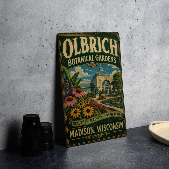 A vintage-style metal sign for Olbrich Botanical Gardens in Madison, Wisconsin, featuring a colorful illustration of the gardens and a building.