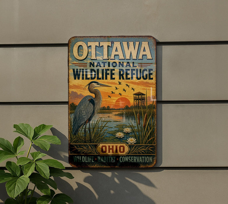 A vintage metal sign for the Ottawa National Wildlife Refuge, featuring an illustration of a crane and a sunset landscape.