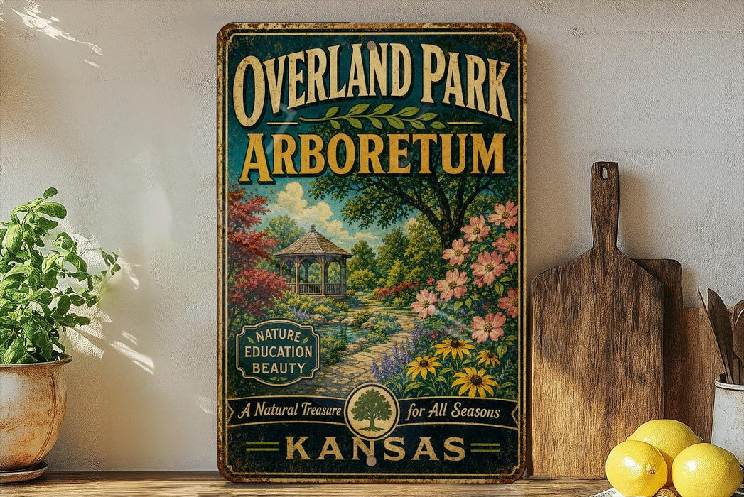 a vintage-style sign for Overland Park Arboretum, which is a natural beauty for all seasons in Kansas.