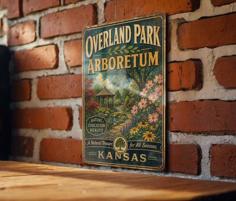 A vintage-style sign for Overland Park Arboretum in Kansas, featuring a garden scene with a gazebo and flowers.