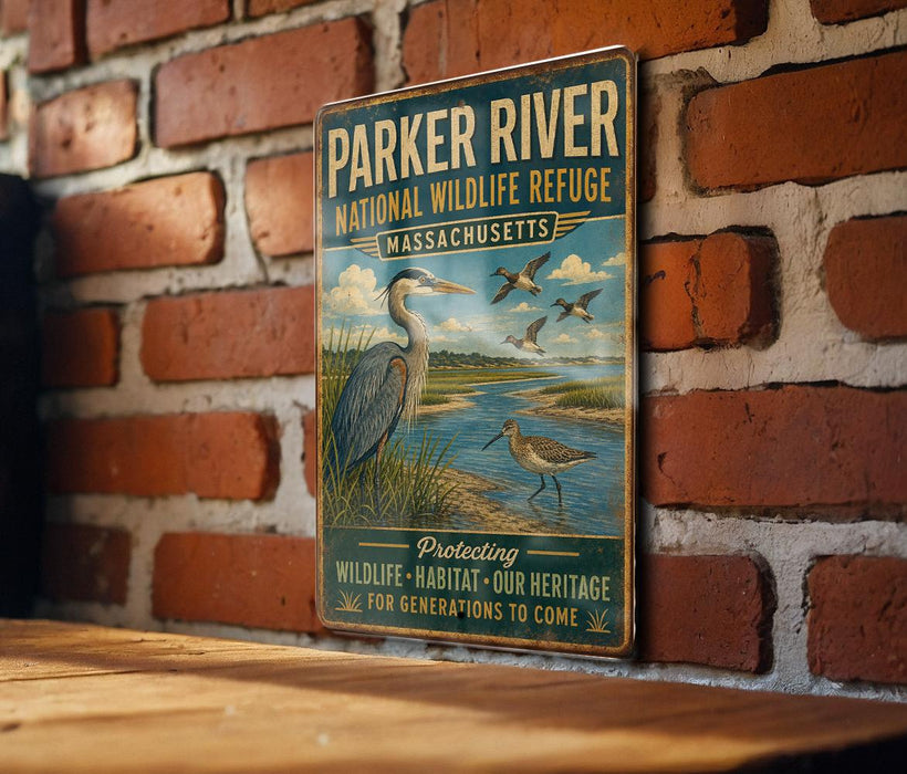 A vintage-style metal sign for the Parker River National Wildlife Refuge in Massachusetts, featuring an illustration of a heron and ducks in a grassy area with a river.