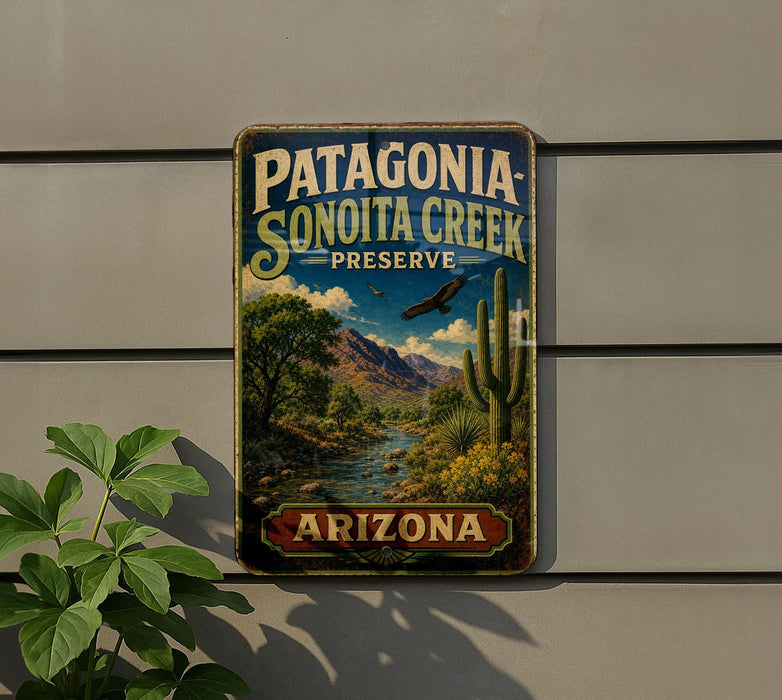 A vintage metal sign for Patagonia Sonoita Creek Preserve in Arizona, featuring a desert landscape with a cactus and a bird in flight.