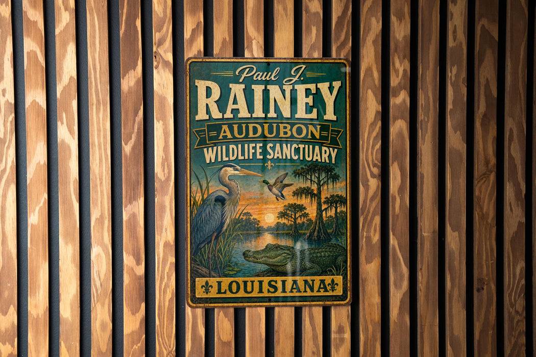 A vintage-style metal sign for the Audubon Wildlife Sanctuary in Louisiana, featuring illustrations of various wildlife species.