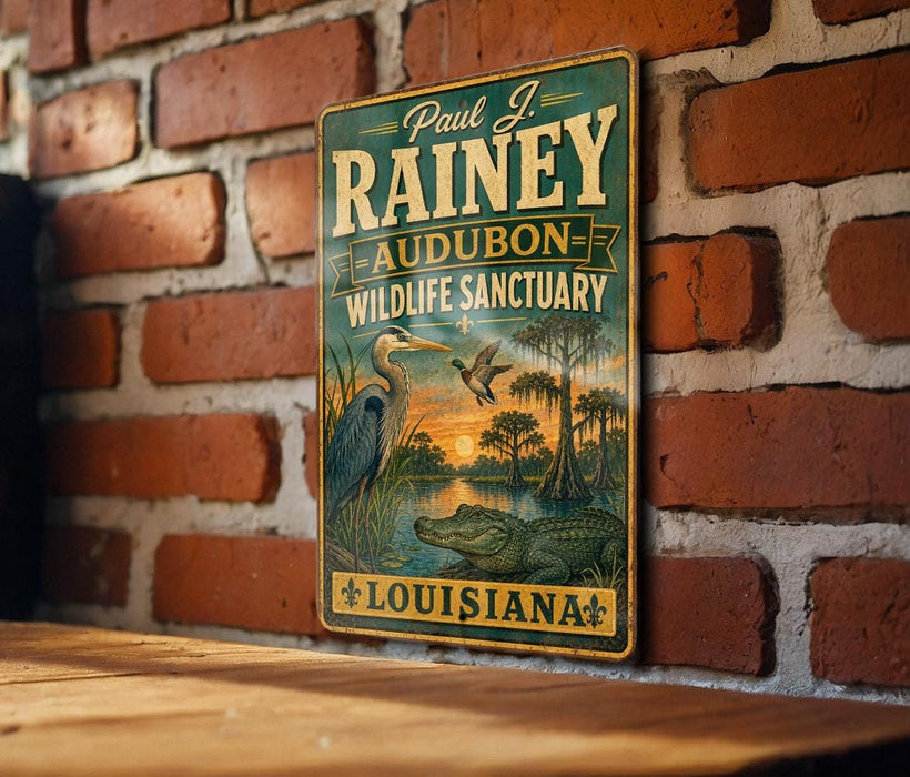 A vintage-style sign for the Rainey Audubon Wildlife Sanctuary in Louisiana, featuring illustrations of various wildlife species.