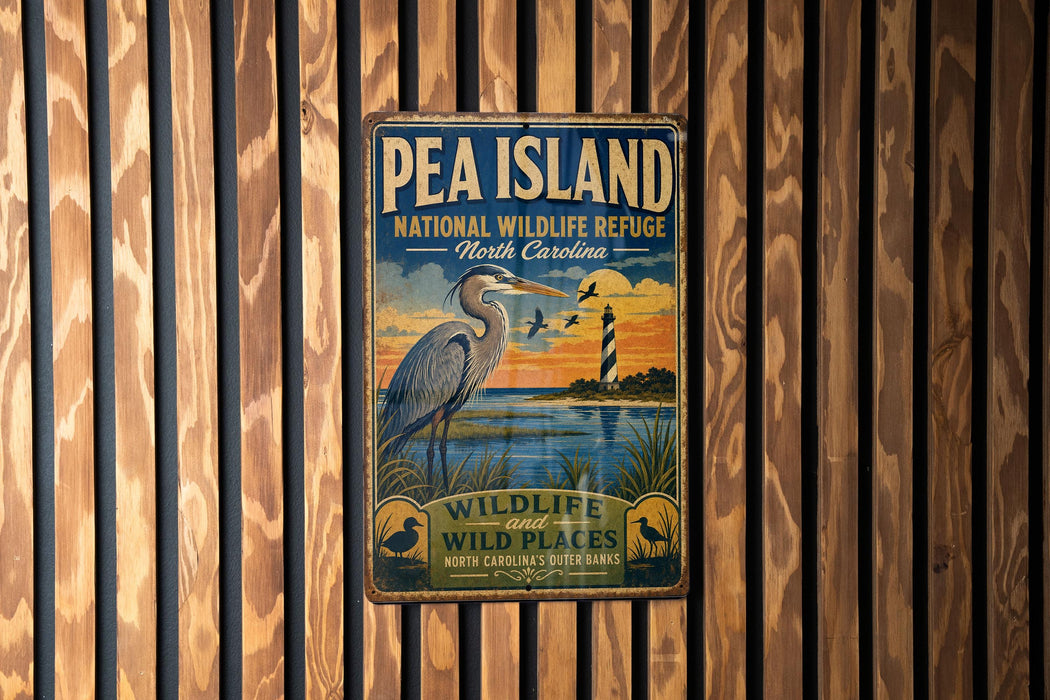 A vintage-style metal sign for the National Wildlife Refuge in North Carolina, featuring a large blue heron and a lighthouse in the background.
