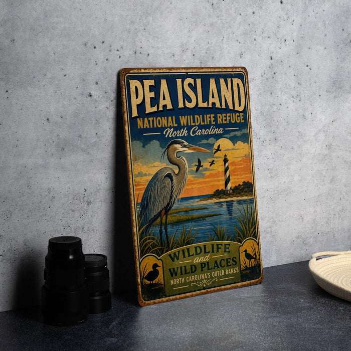 A vintage-style metal sign for Pea Island National Wildlife Refuge in North Carolina, featuring an illustration of a heron and a lighthouse.
