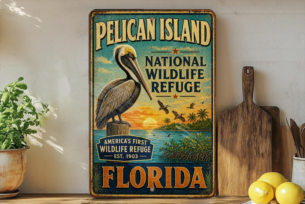A vintage-style sign for the Pelican Island National Wildlife Refuge in Florida, featuring an illustration of a pelican and a sunset over the water.