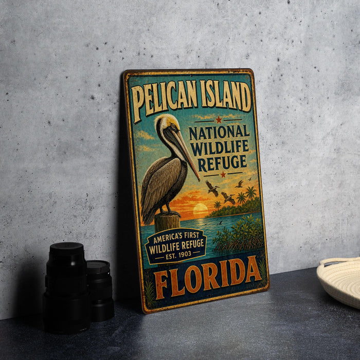 A vintage-style metal sign for the Pelican Island National Wildlife Refuge in Florida, featuring an illustration of a pelican and a sunset landscape.