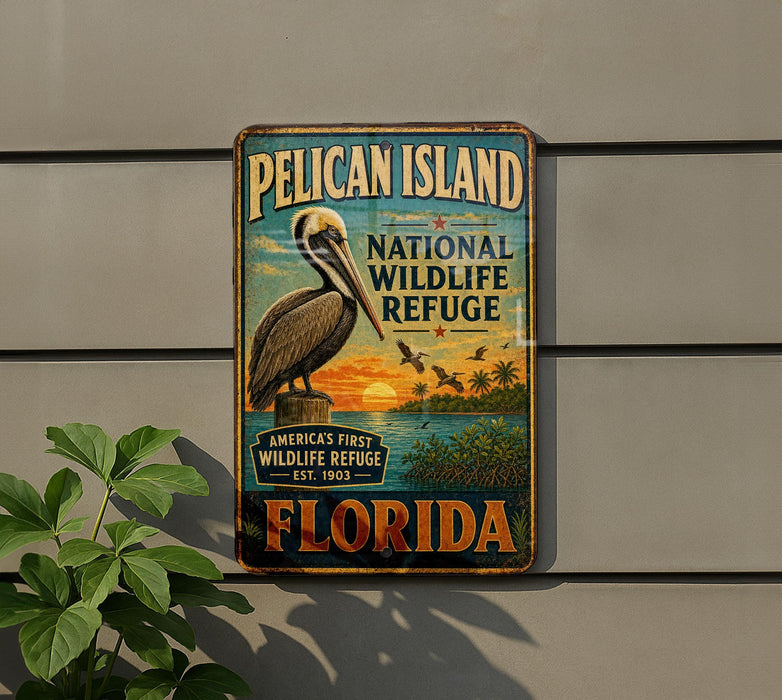 A vintage-style metal sign for Pelican Island National Wildlife Refuge in Florida, featuring an illustration of a pelican and a sunset landscape.