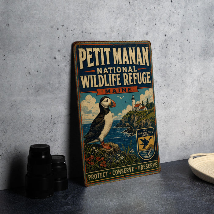 A vintage-style metal sign for the Petit Manan National Wildlife Refuge in Maine, featuring a puffin bird and a lighthouse.