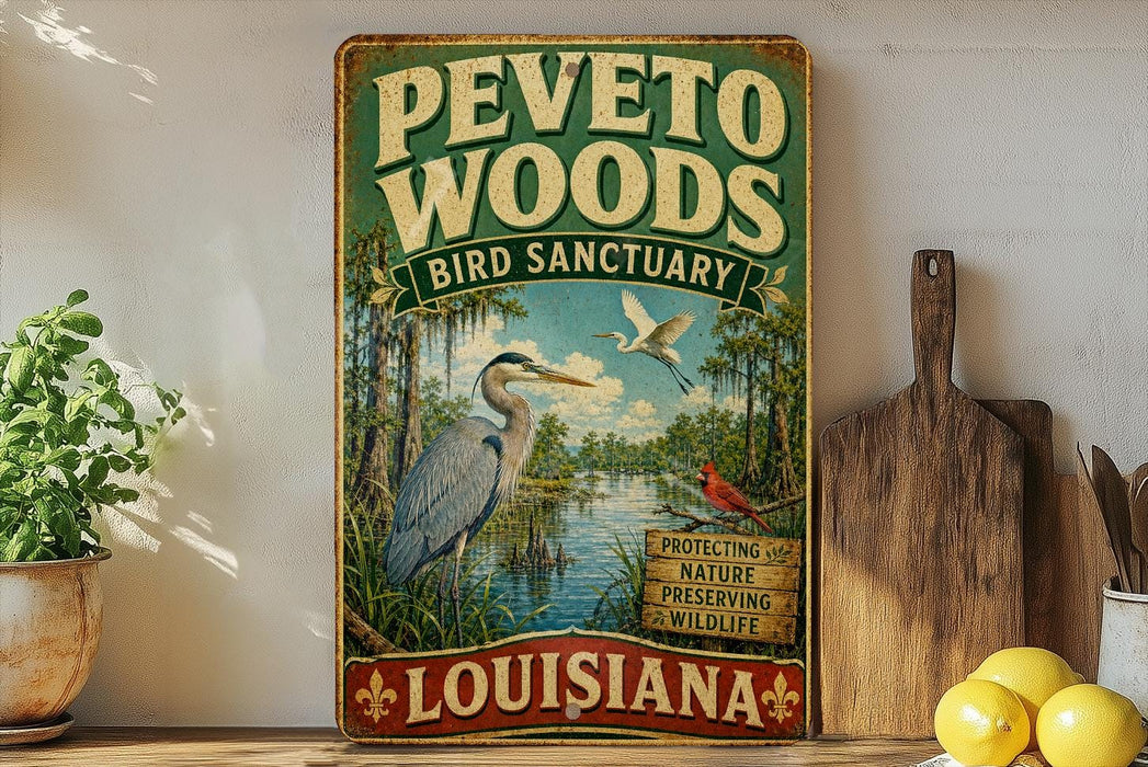 A vintage-style sign for the Peeta Woods Bird Sanctuary in Louisiana, featuring an illustration of a heron and other wildlife in a lush, natural setting.