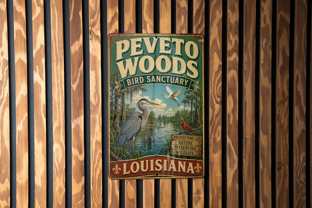 A vintage-style metal sign for the Peveto Woods Bird Sanctuary in Louisiana, featuring illustrations of birds and a natural landscape.