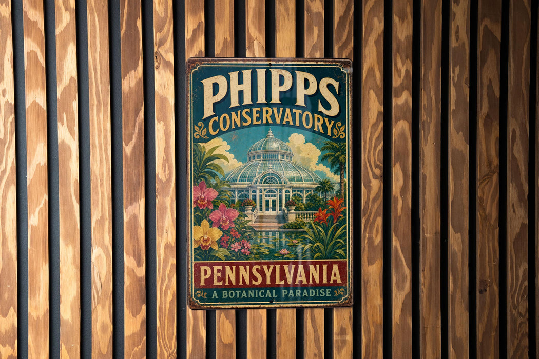 A vintage-style metal sign for the Phipps Conservatory in Pennsylvania, featuring a tropical garden scene with palm trees, flowers, and a greenhouse.