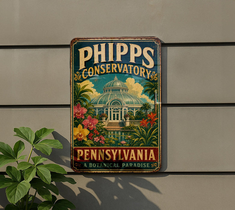 A vintage-style metal sign for the Pennsylvania Conservatory, featuring a tropical garden scene with a large greenhouse and palm trees.