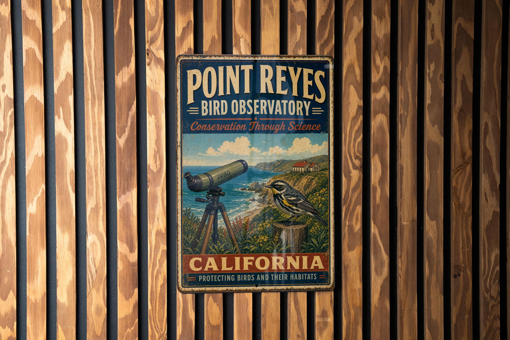 A vintage metal sign for Point Reyes Bird Observatory, featuring a telescope and a bird, mounted on a wooden wall.
