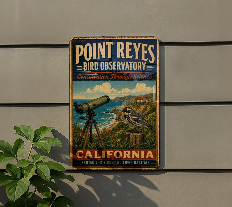 A vintage-style metal sign for Point Reyes Bird Observatory in California, featuring a telescope and a bird in a natural setting.