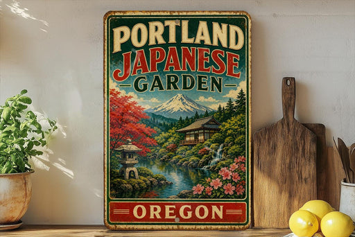 A vintage-style sign for the Portland Japanese Garden in Oregon, featuring a scenic landscape with a mountain, pagoda, and waterfall.