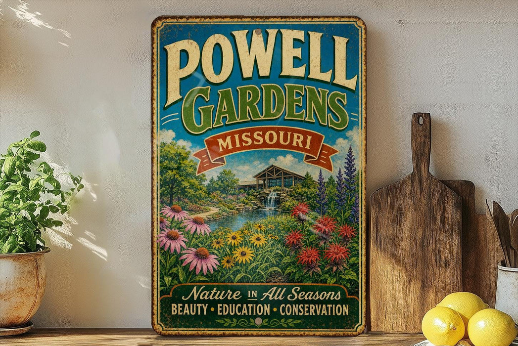 A vintage-style metal sign for "Powell Gardens" in Missouri, featuring a garden scene with flowers and a waterfall. The sign is displayed on a shelf next to a wooden cutting board and some potted plants.