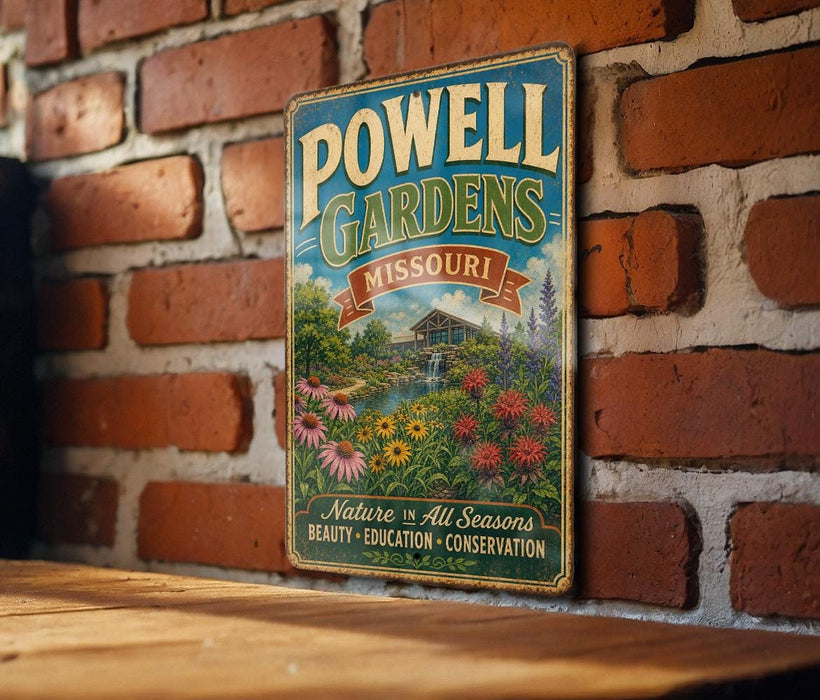 A vintage metal sign for Powell Gardens in Missouri, featuring a garden scene with flowers and a house, mounted on a brick wall.