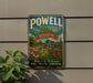A vintage metal sign for Powell Gardens in Missouri, featuring a garden scene with flowers and a house.