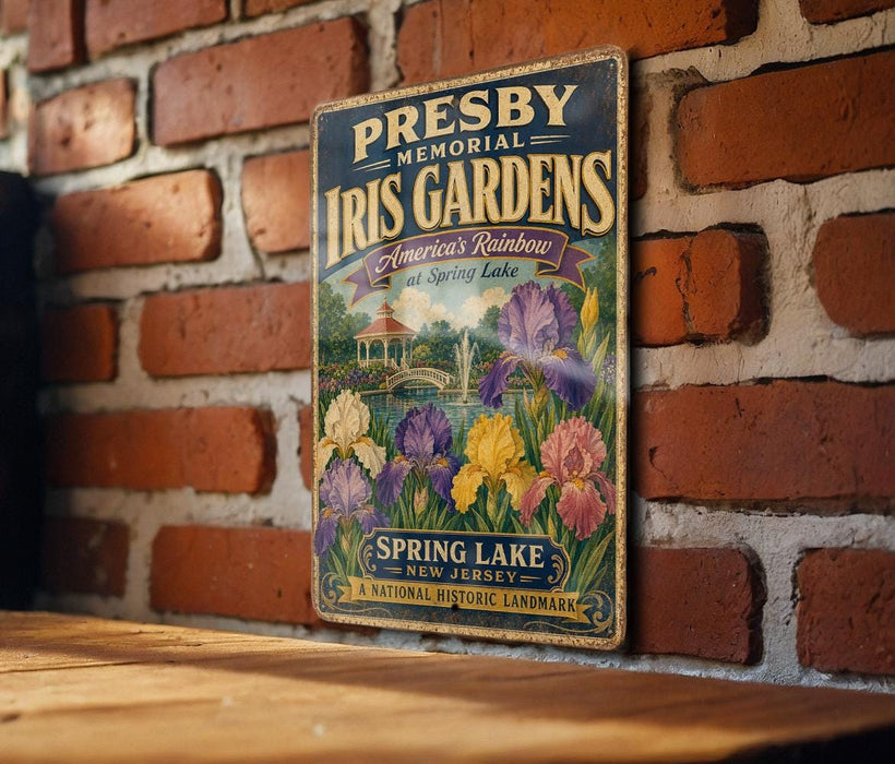 A vintage metal sign for Presby Memorial Iris Gardens, featuring a colorful illustration of the gardens and a scenic landscape.