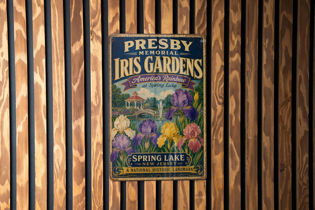 A vintage metal sign for the Presby Memorial Iris Gardens, featuring a colorful illustration of irises and a gazebo, is displayed on a wooden wall.