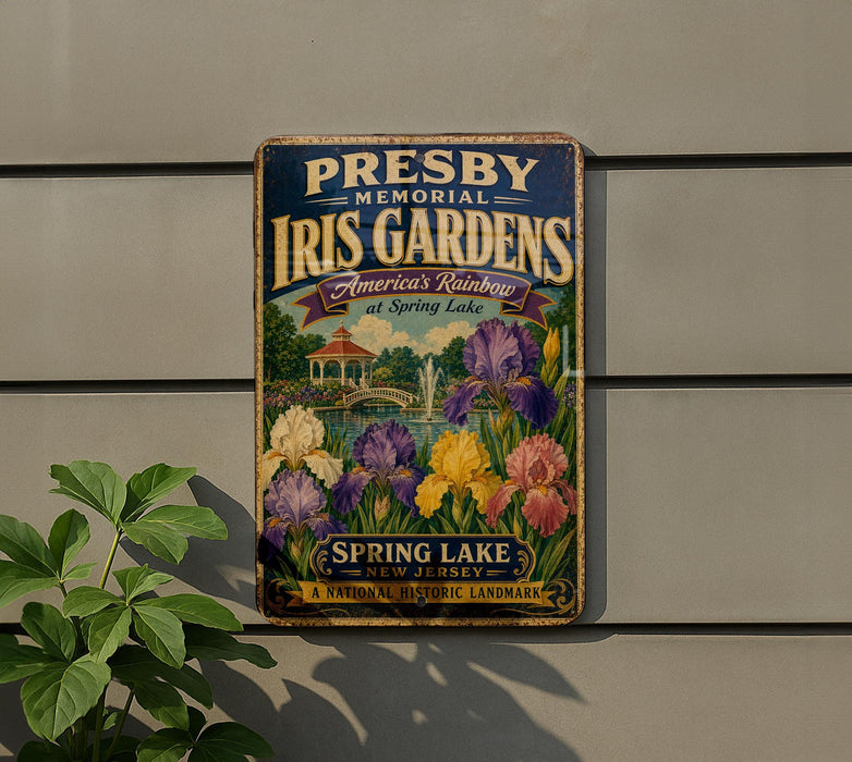 A vintage metal sign for the Presby Memorial Iris Gardens, featuring a colorful illustration of the gardens and a scenic view of Spring Lake.