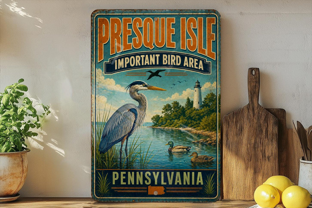 A vintage-style metal sign for Presque Isle, Pennsylvania, featuring an illustration of a heron and ducks in a lake, with a lighthouse in the background.