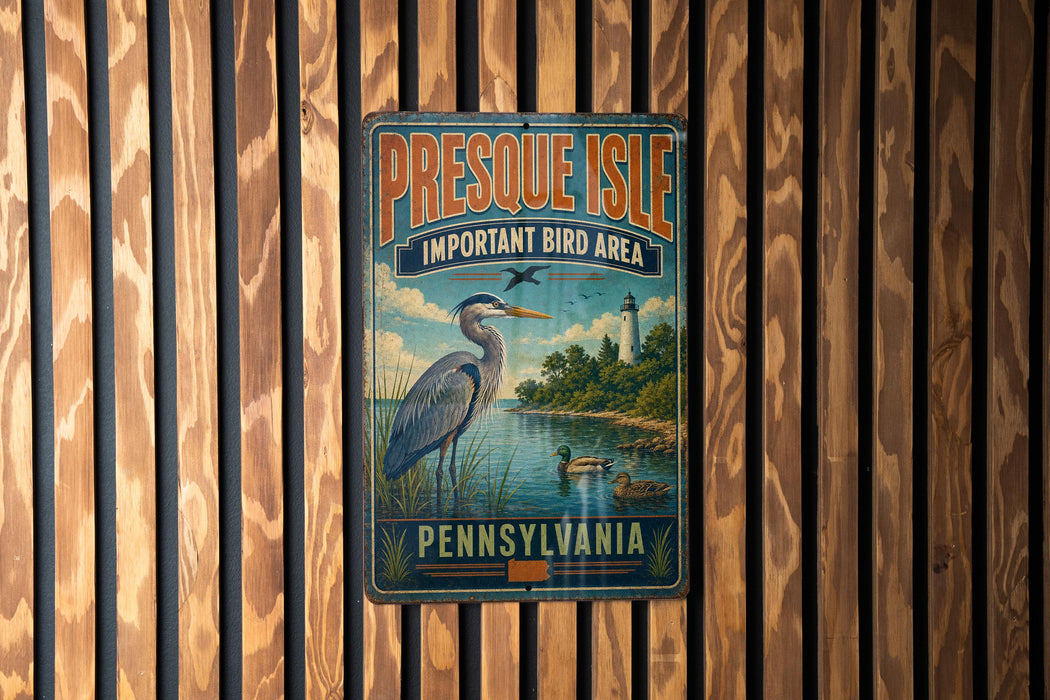 A vintage metal sign for Presque Isle, Pennsylvania, featuring an illustration of a bird and a lighthouse, mounted on a wooden fence.