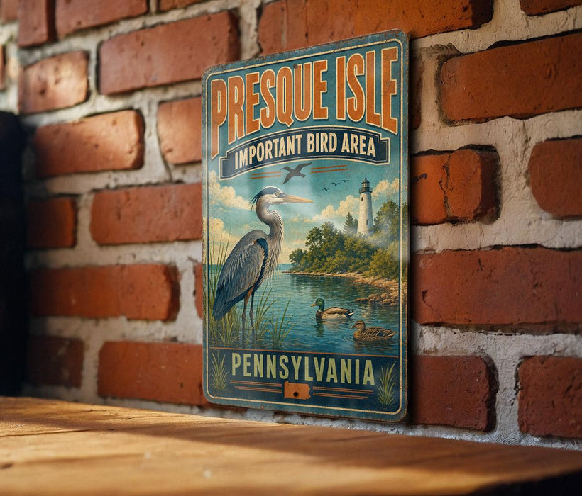 A vintage-style metal sign for Presque Isle, Pennsylvania, featuring an illustration of a crane and a lighthouse, mounted on a brick wall.