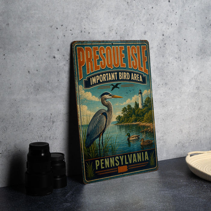 A vintage metal sign for Presque Isle, Pennsylvania, featuring an illustration of a crane and a lighthouse, is displayed on a gray countertop next to some black camera lenses.