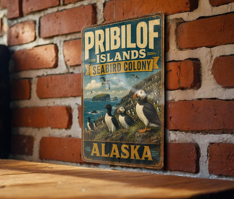 A vintage metal sign for the Pribilof Islands, Alaska, featuring illustrations of puffins and the text "PRIBILOF ISLANDS SEABird Colony ALASKA".